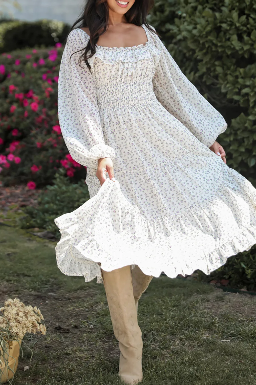 Cream Floral Print Midi Dress