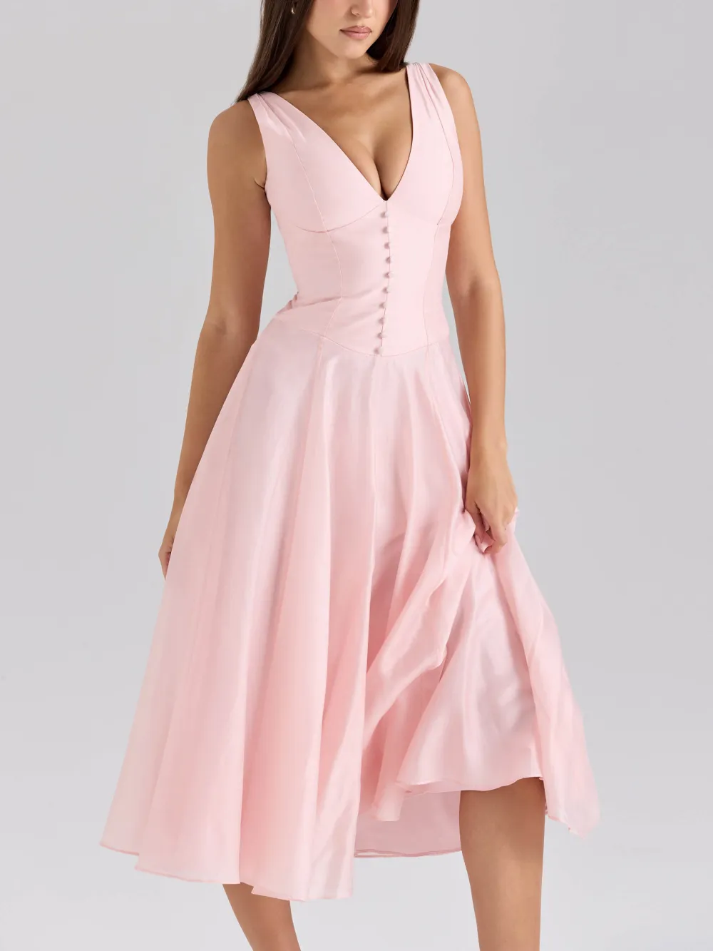 Elegant V Neck Chiffon Button Midi Dress