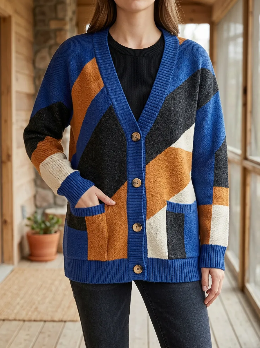 Women's Geometric Colorblock Patterned Knit Cardigan