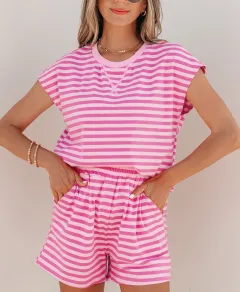 Elastic-Waist Cotton Striped Two-Piece Tee and Shorts Set