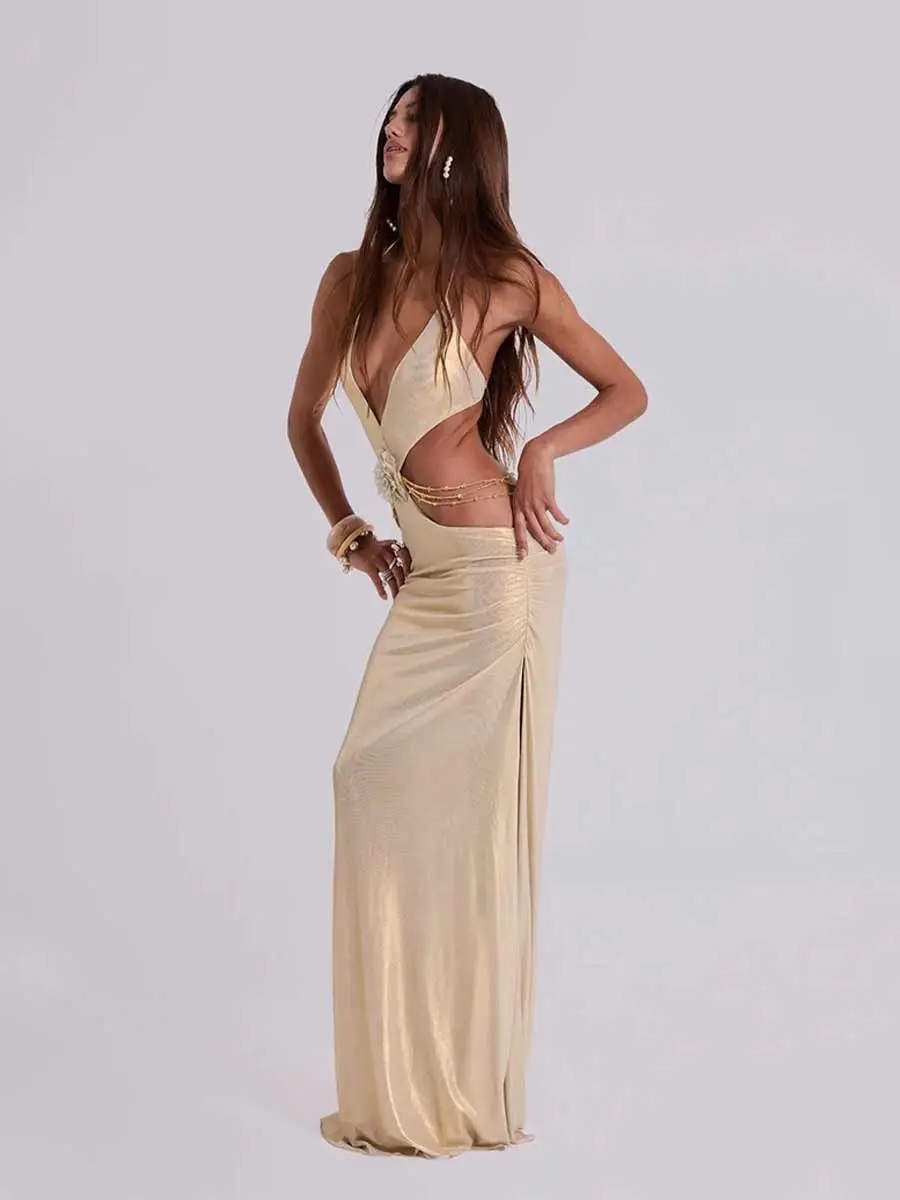 Simone Deep V Neck Backless Maxi Dress