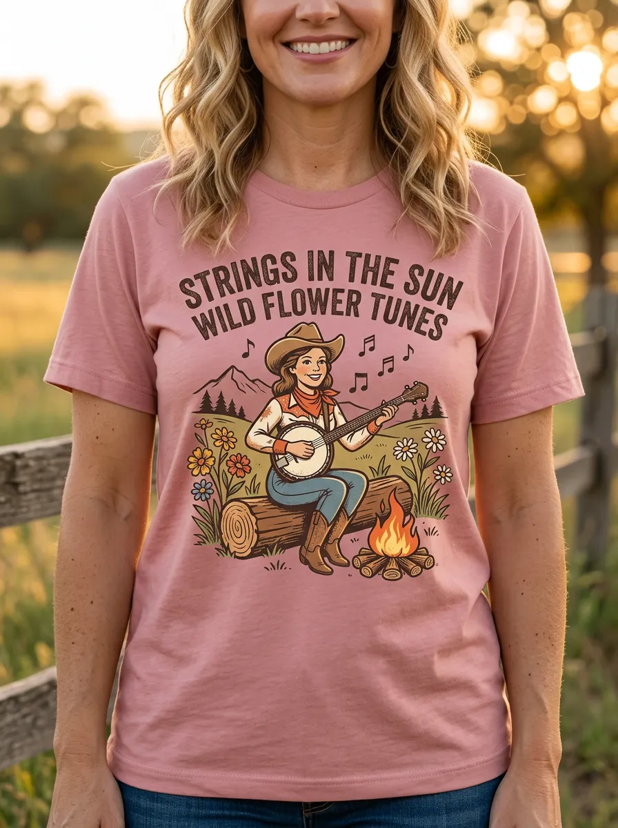 Backroad Country Music Banjo Player Wildflower Crew Neck T-Shirt