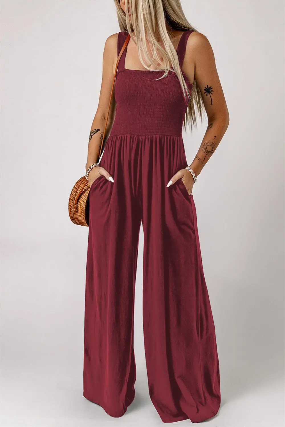 Smocked Square Neck Wide Leg Pockets Jumpsuit