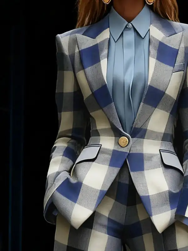 Long Sleeve Relaxed Button Front Contrast Color Plaid Blazer