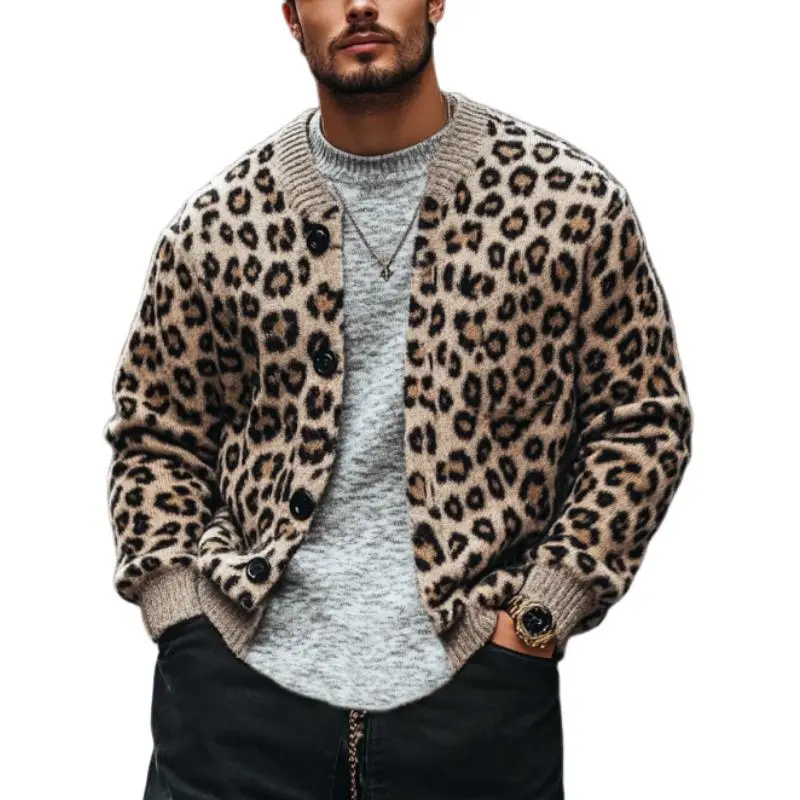Ribbed Button Leopard Print Cardigan