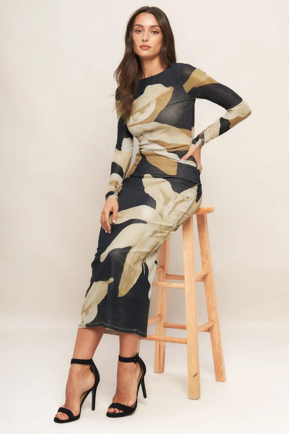 Long-Sleeve Mesh Abstract-Print Midi Dress