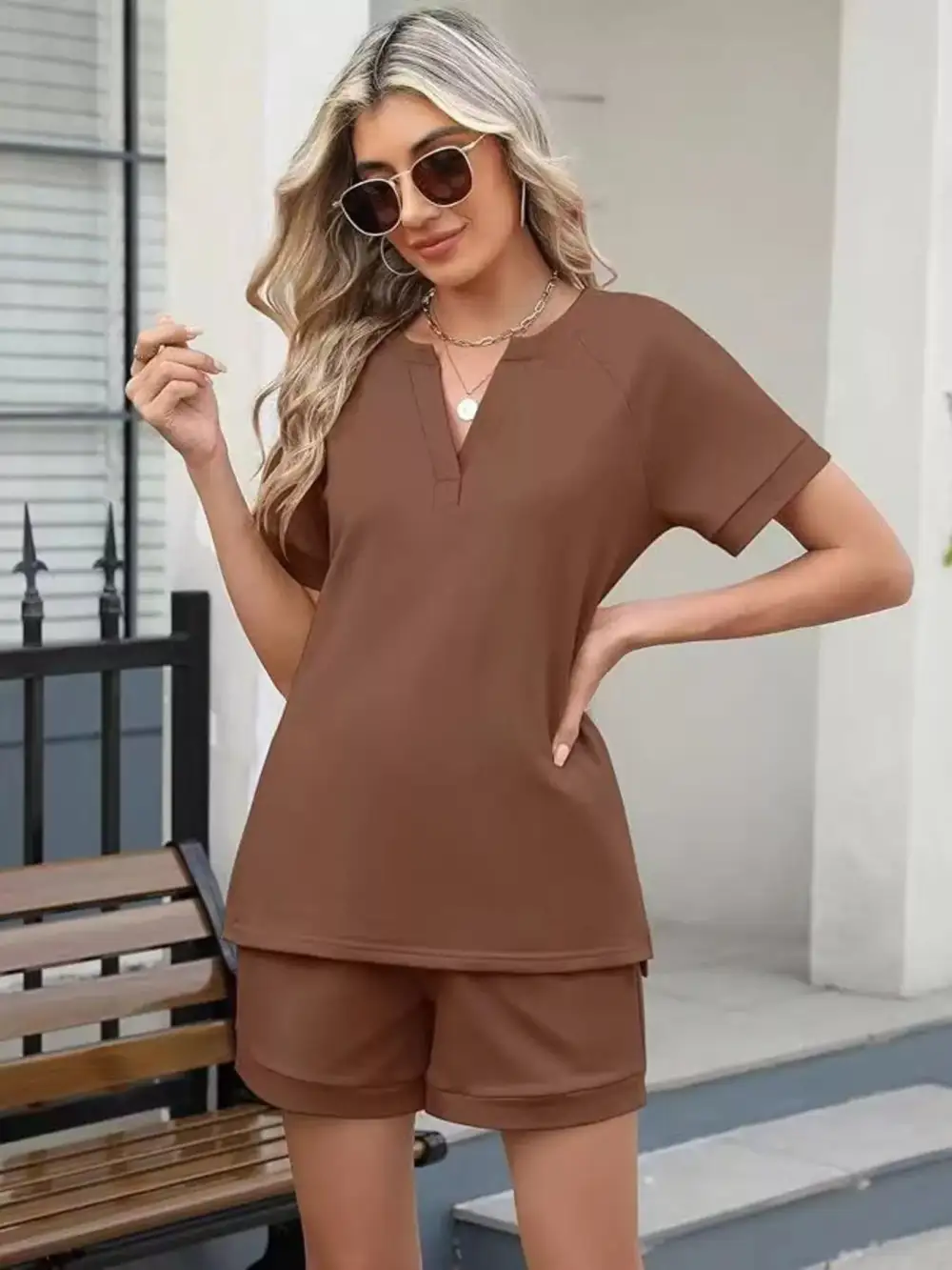 Short Sleeve Top Shorts Two Piece Set