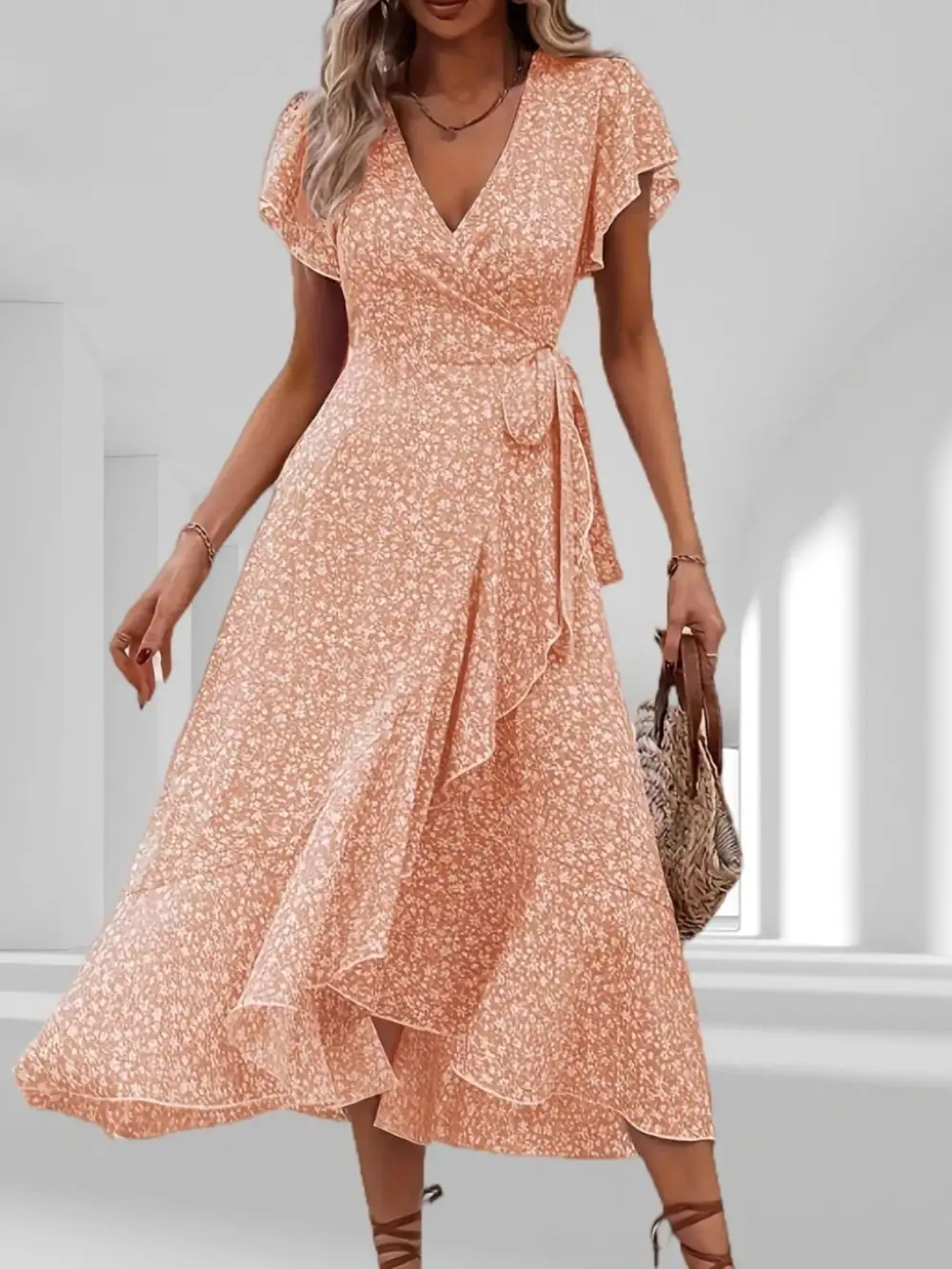 Ruffle Hem Wrap Midi Dress