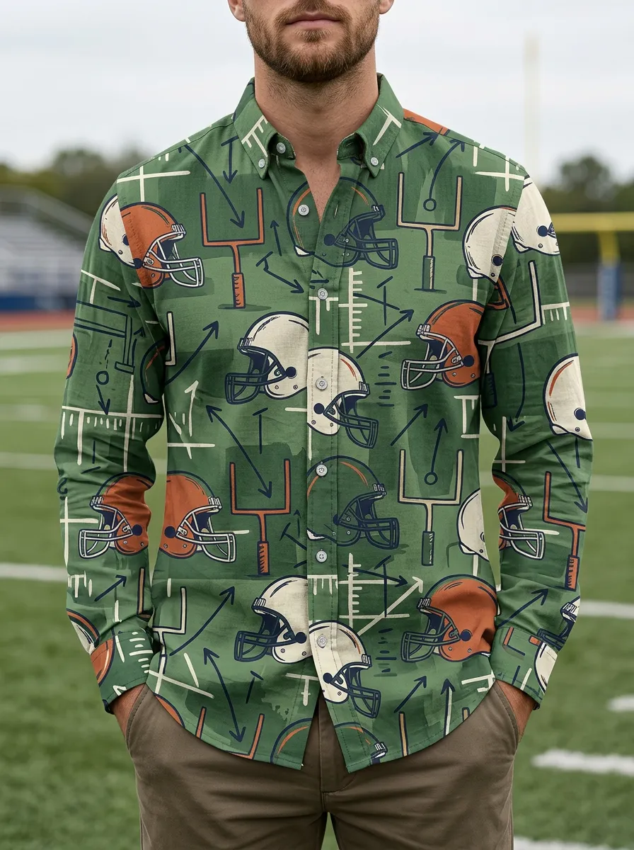 Men's American Football Helmet Playbook Printed Button-Down Shirt