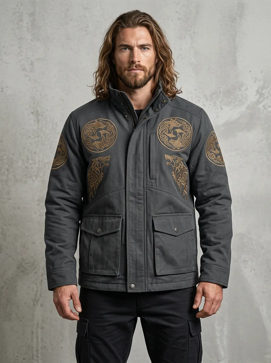 Men's Viking-Inspired Wolf Celtic Knot Utility Field Jacket