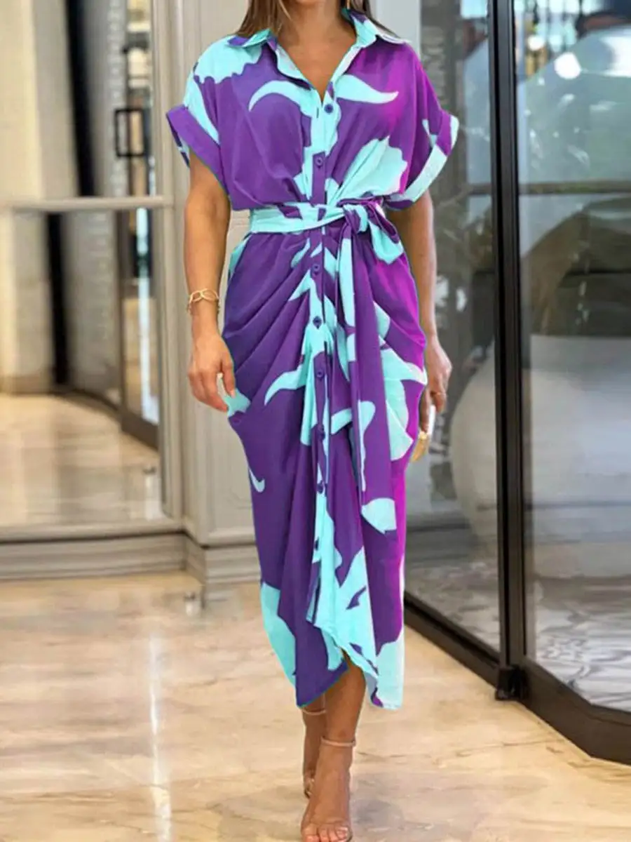 Elasticated Pleated Buttoned Shirt Maxi Dress