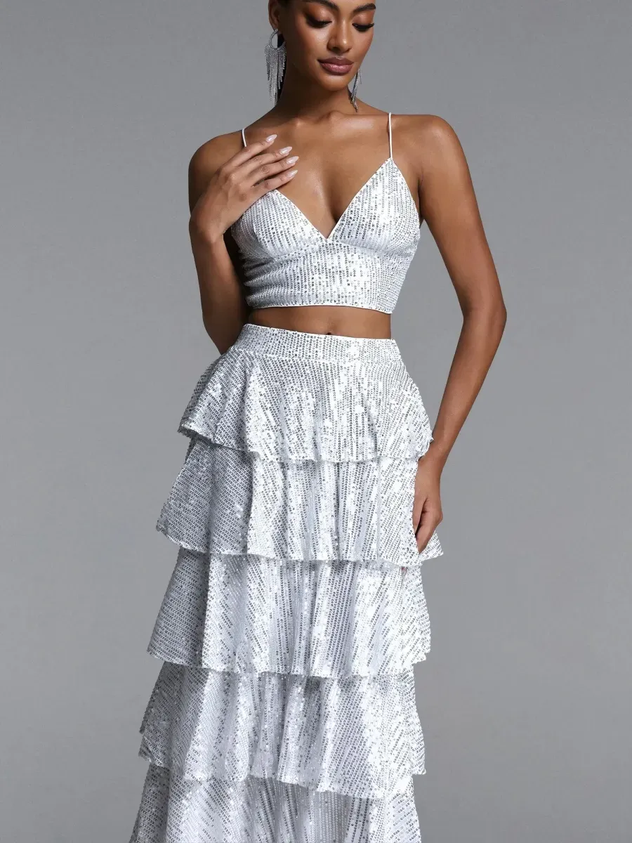 Seraphina   Sequin Cami & Tiered Ruffle Maxi Skirt Set