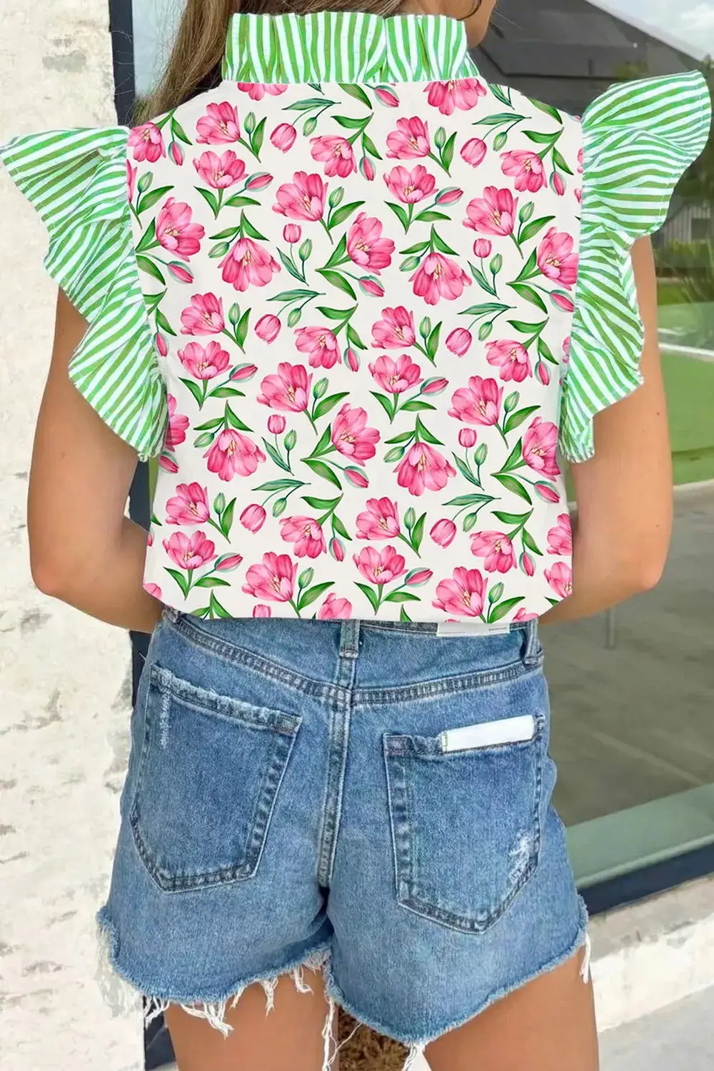 Floral Print Striped Ruffle Trim V Neck