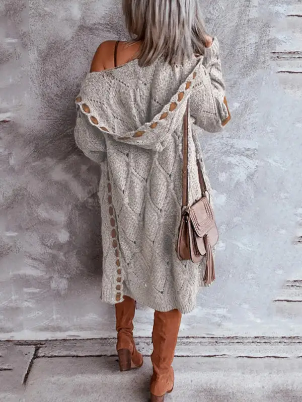 Hooded Long-Sleeve Drop-Shoulder Knit Cardigan