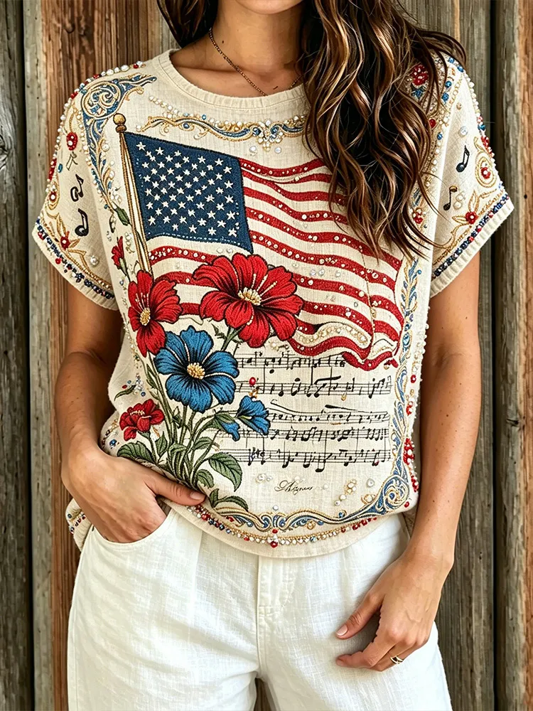 Vintage American Flag Music Note Floral Beige Linen Blend Rhinestone Short Sleeve T-shirt