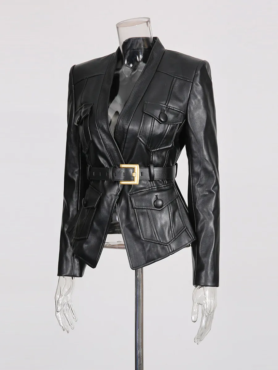 Rosalind Gold Buckle Belt Leather Jacket