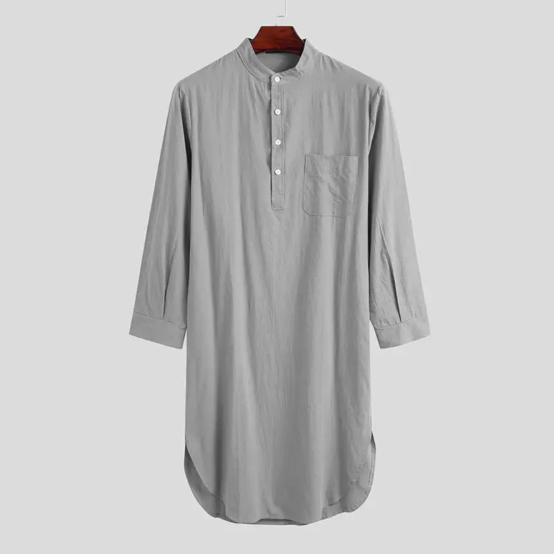 Men's Long Loose Shirt With Stand-up Collar Chest Pocket And Curved Hem