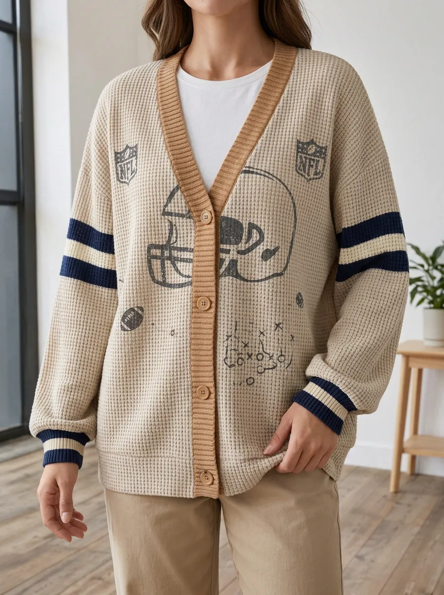 Women's Field Football Fan Helmet Playbook Printed Waffle Cardigan