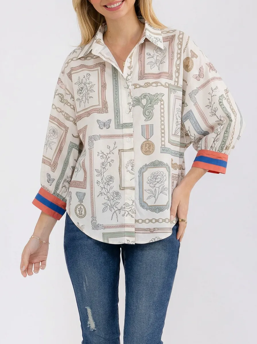 Women's Vintage Aesthetic Floral Frame Printed Button-up Shirt