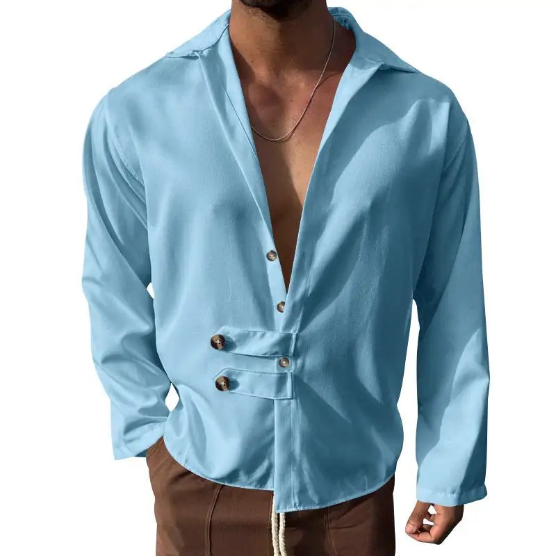 Men's Modern Long-sleeved Shirt With Deep Neckline And Asymmetrical Strap Look