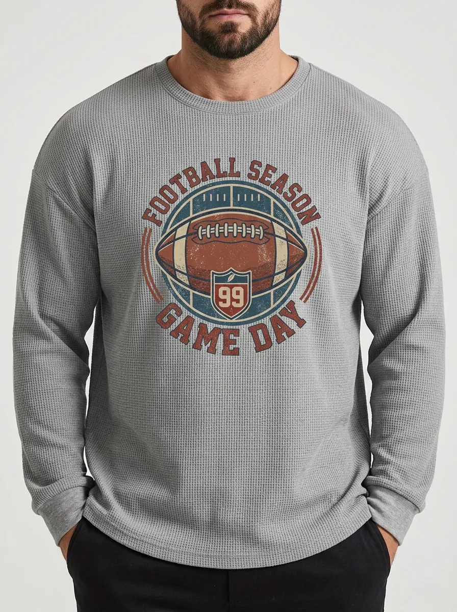 Men's Football Season Game Day Vintage Graphic Printed Waffle T-Shirt