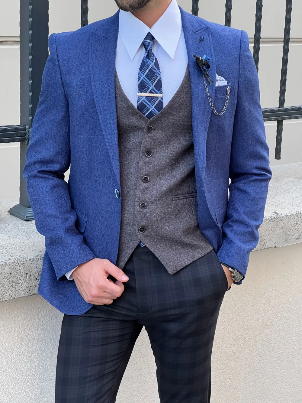 Slim Fit High Quality Mono Collar Knitted Sax Blazer
