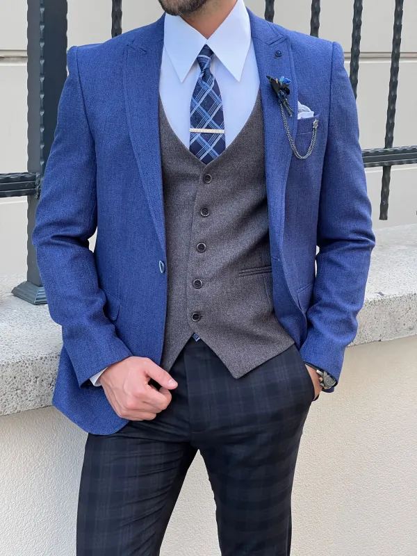 Slim Fit High Quality Mono Collar Knitted Sax Blazer
