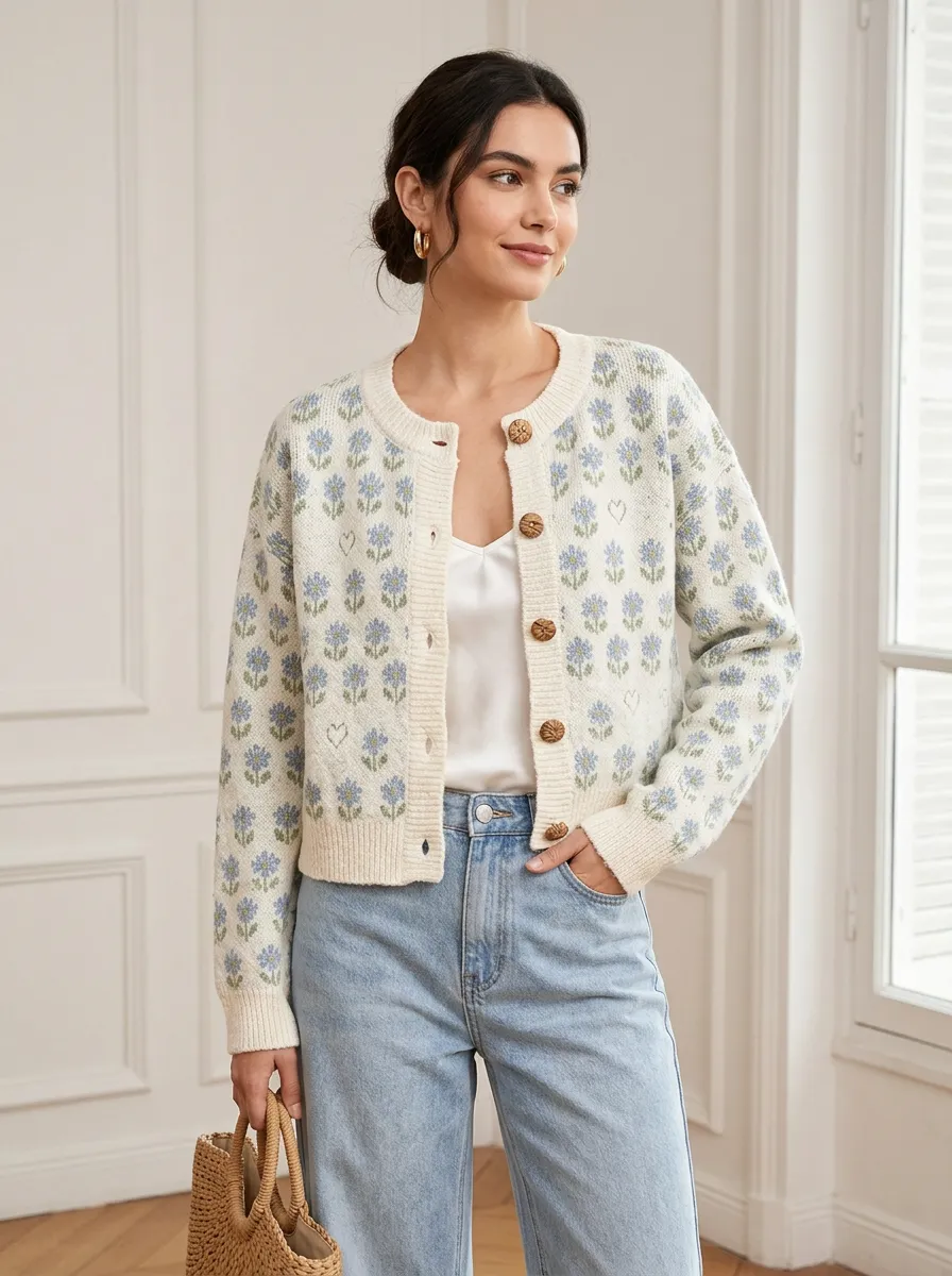 Women's Floral Heart Pattern Knitted Cardigan