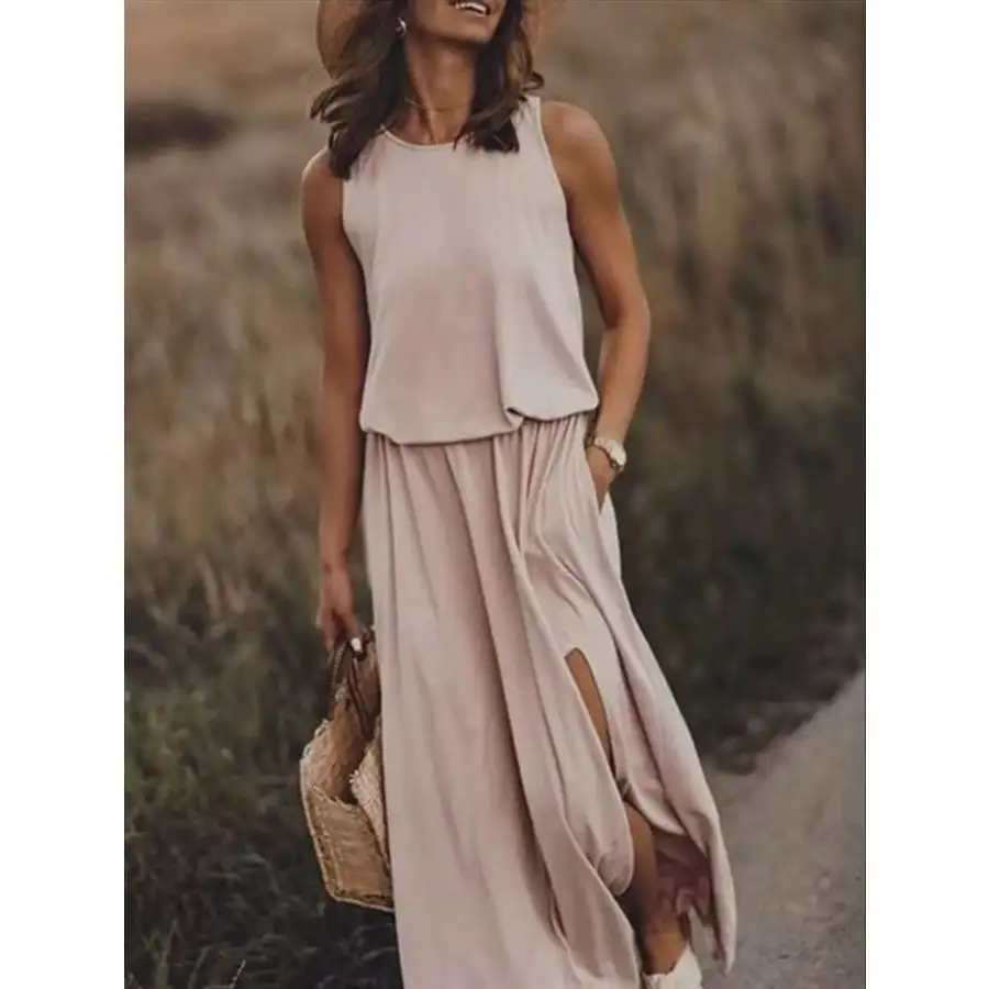 Full Size Round Neck Sleeveless Slit Maxi Dress Plus Size