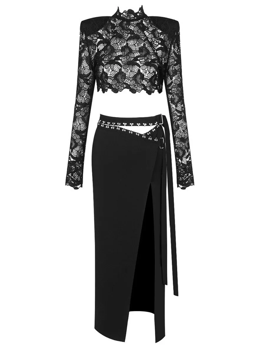 Ariella Lace Long-Sleeve Cutout Two-Piece Set