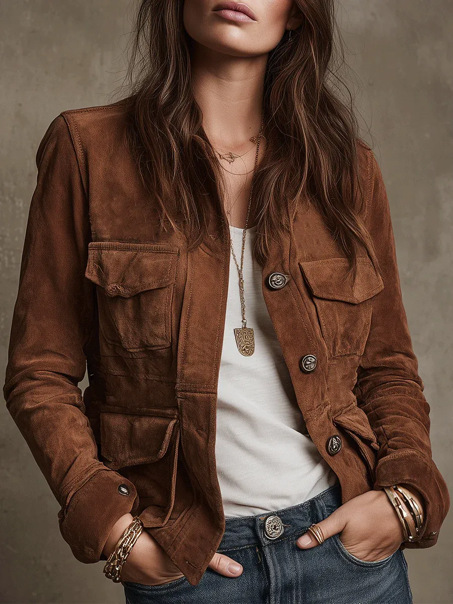 Multi-Pocket Faux-Suede Vintage Jacket