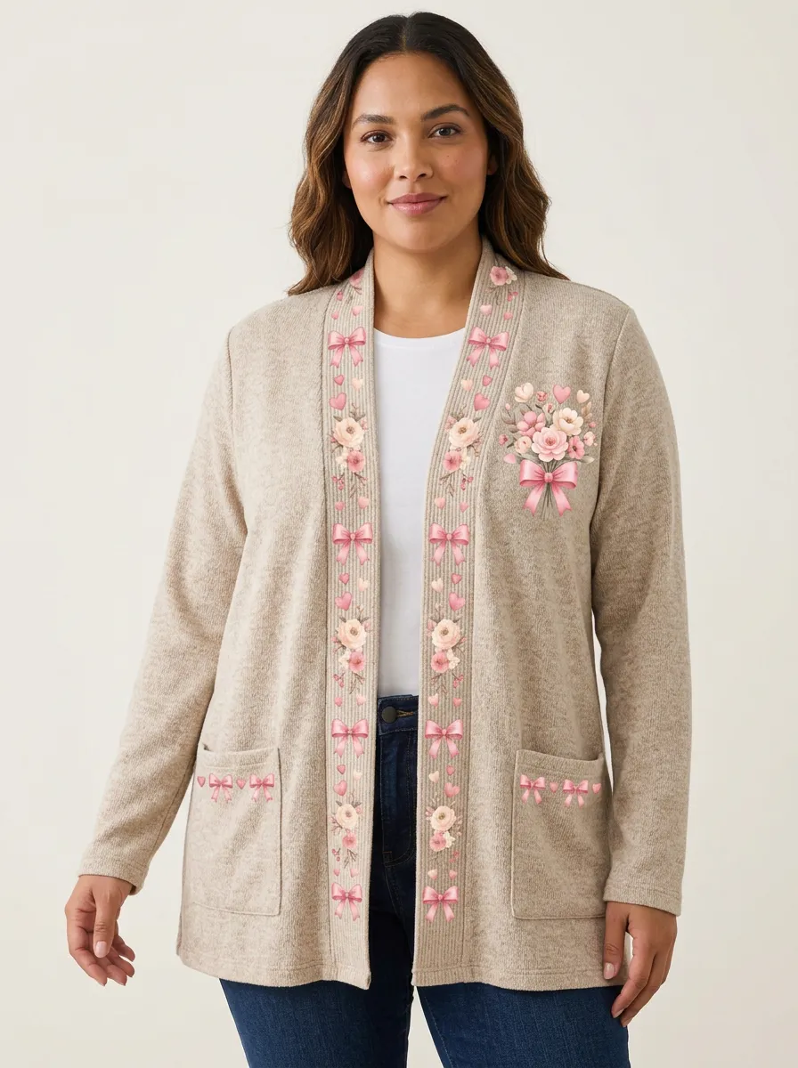 Women's Breast Cancer Awareness Pink Ribbon Floral Heart Printed Cardigan