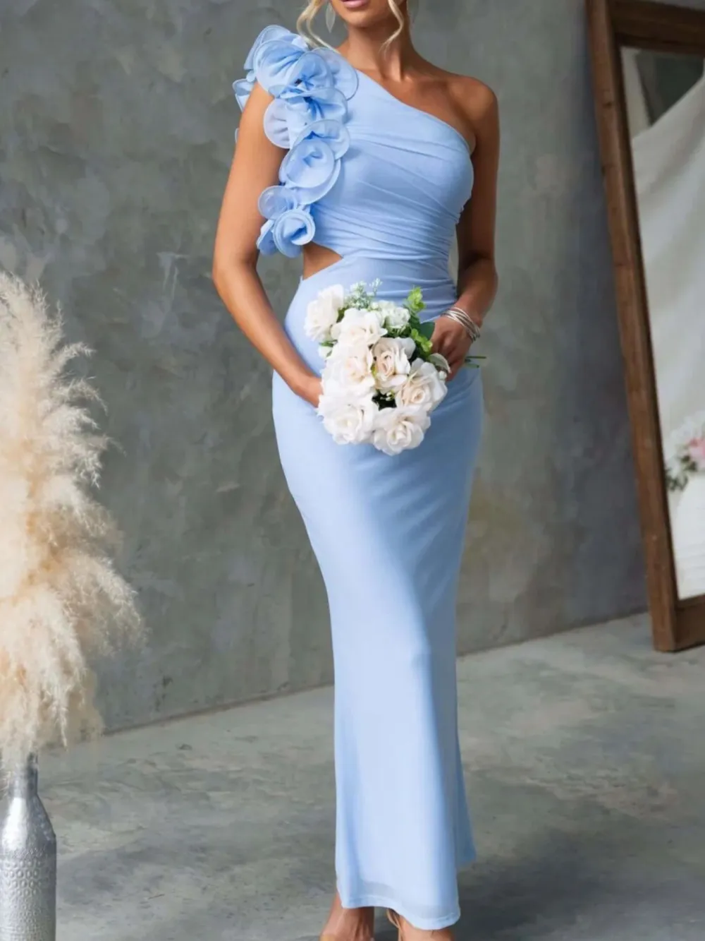 Ruched One-Shoulder Sleeveless Floral Maxi Dress