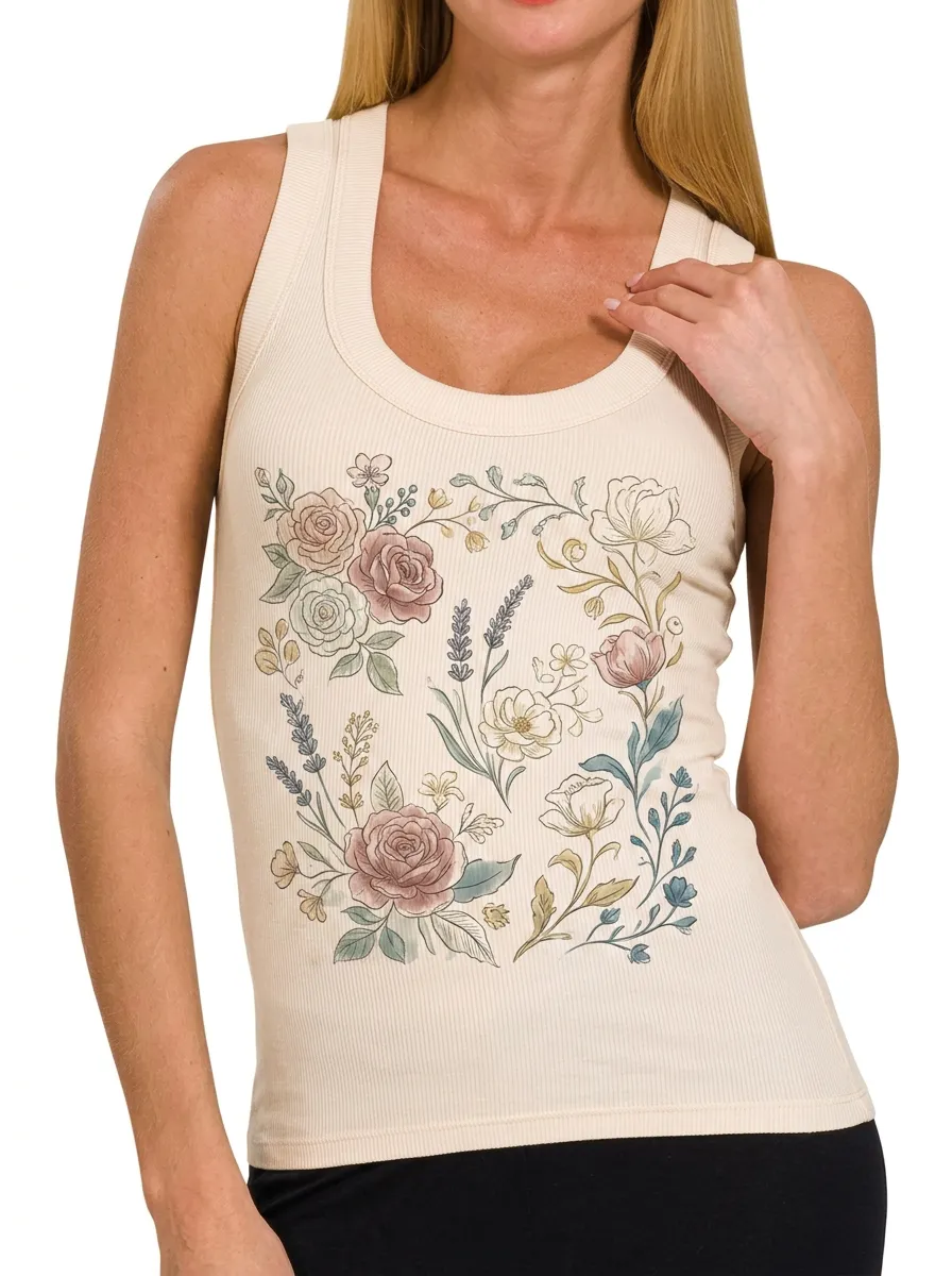 Women's Botanical Floral Garden Watercolor Printed Ribbed Tank Top