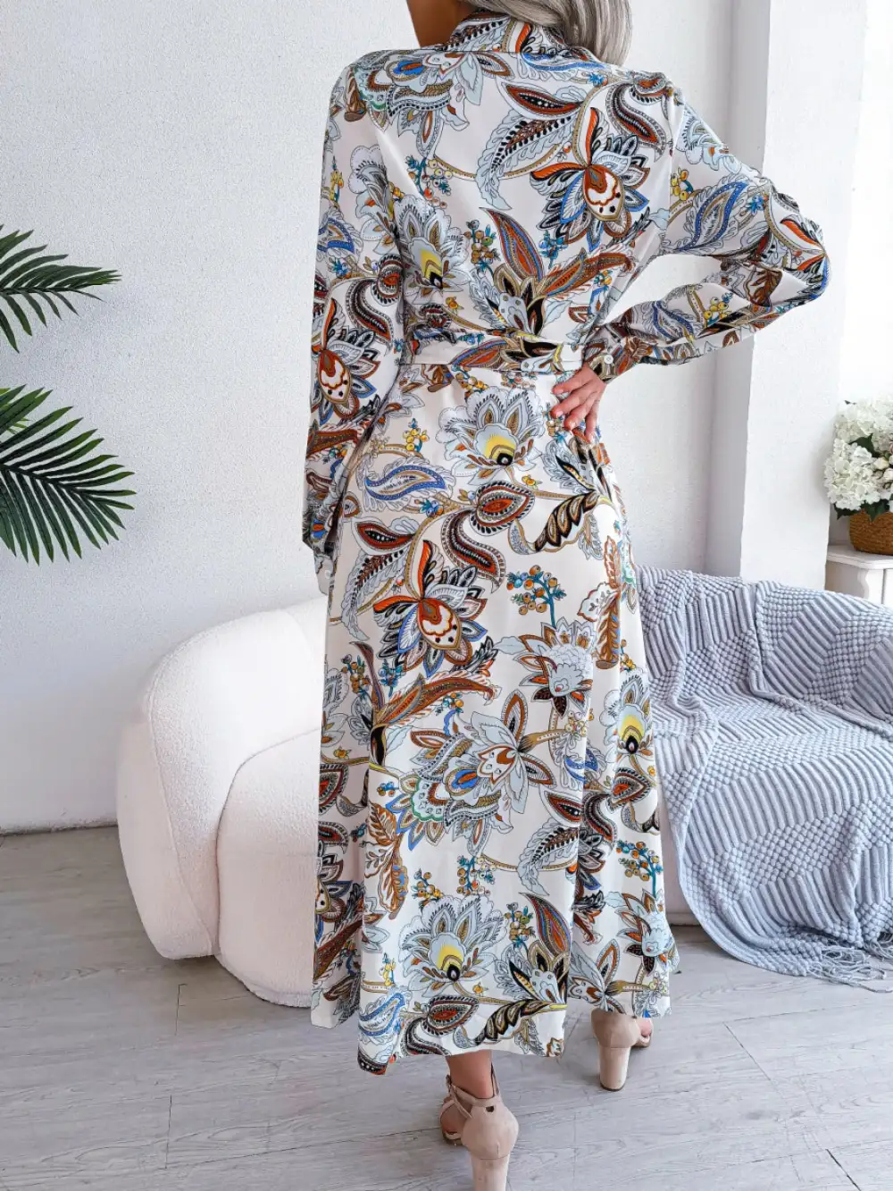Long-Sleeve Printed Midi Dress