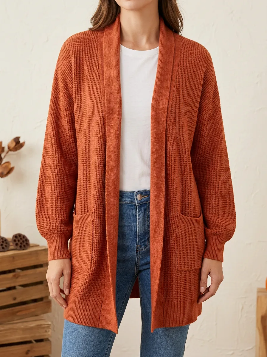 Waffle-Knit Open-Front Knit Cardigan