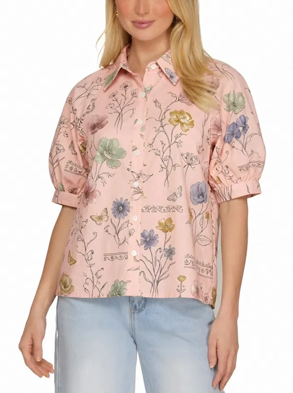 Women's Botanical Garden Floral Butterfly Printed Button-Up Shirt