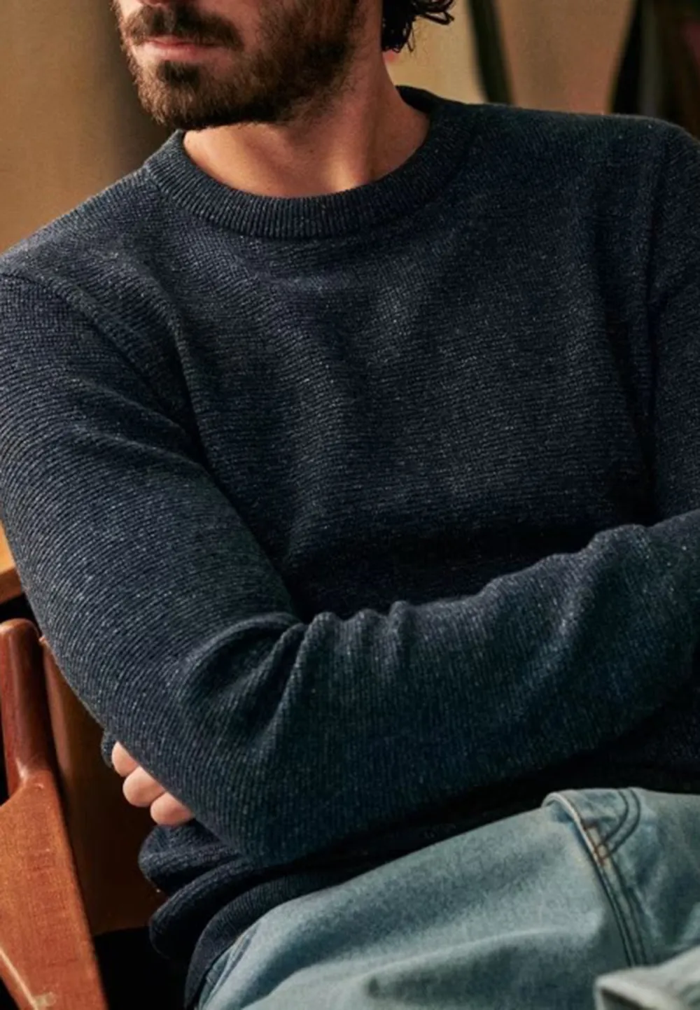 Dark Denim Heathered Knit Crew Neck Sweater