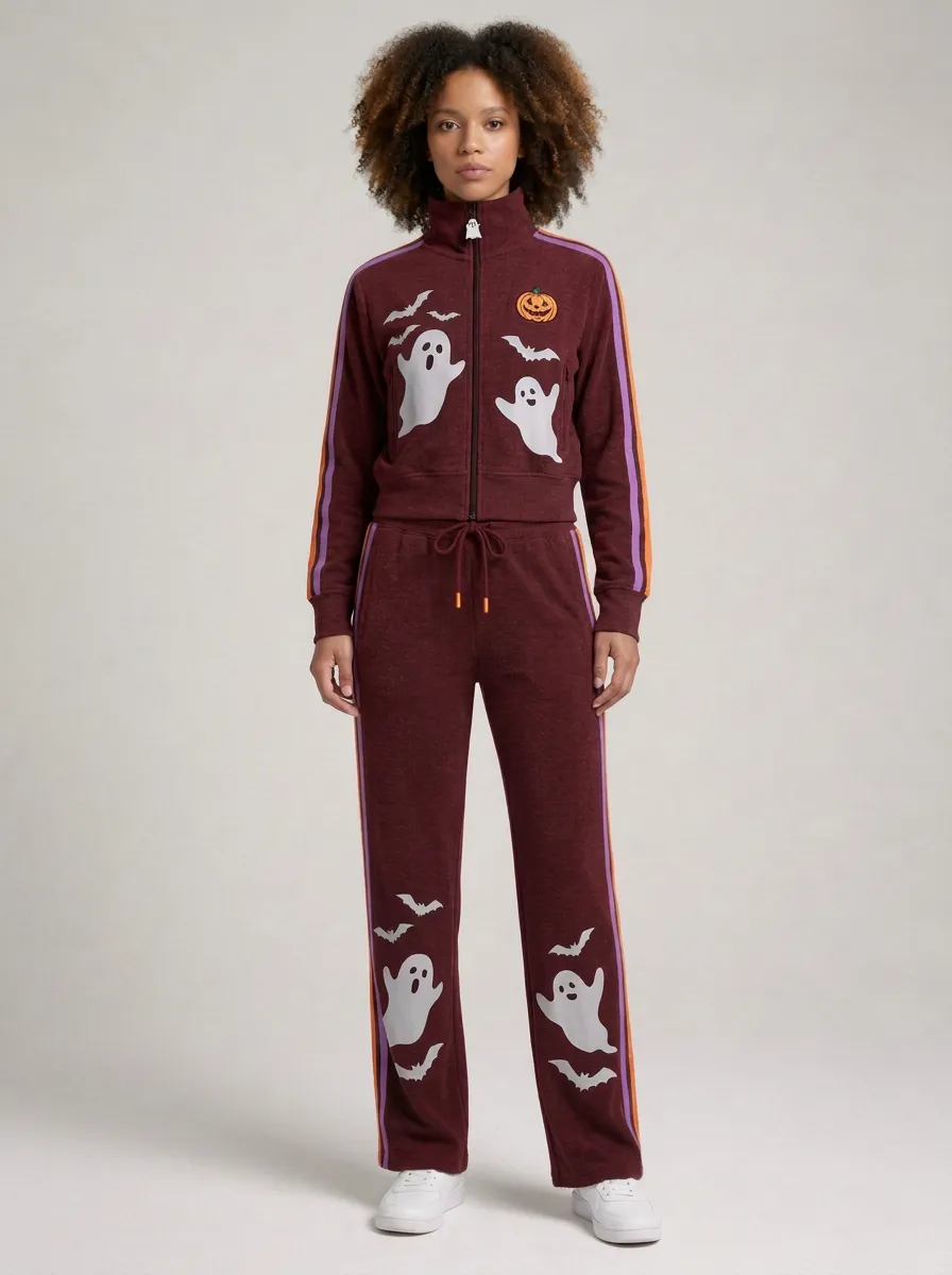 Women's Halloween Ghost Pumpkin Bat Printed Tracksuit