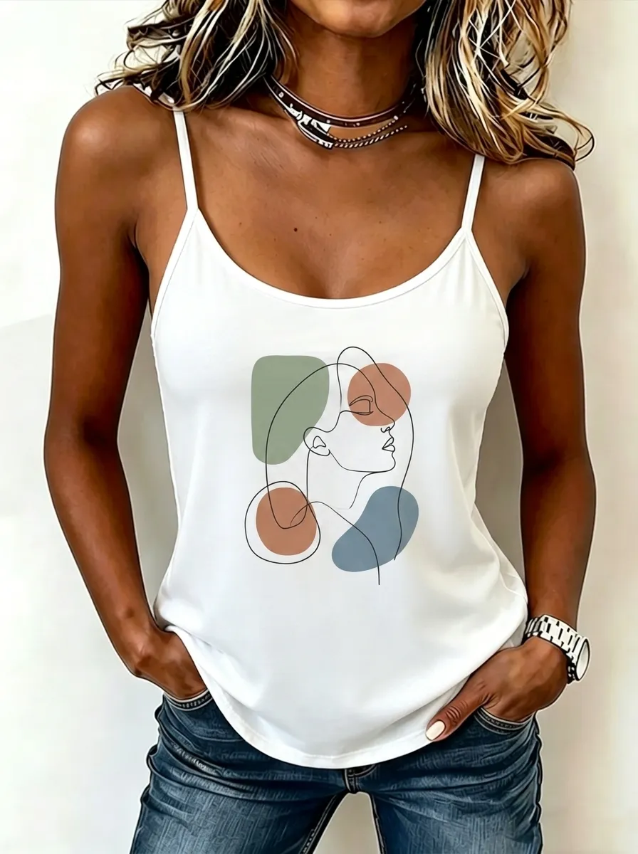 Women's Minimalist Abstract Face Line Art Printed Camisole