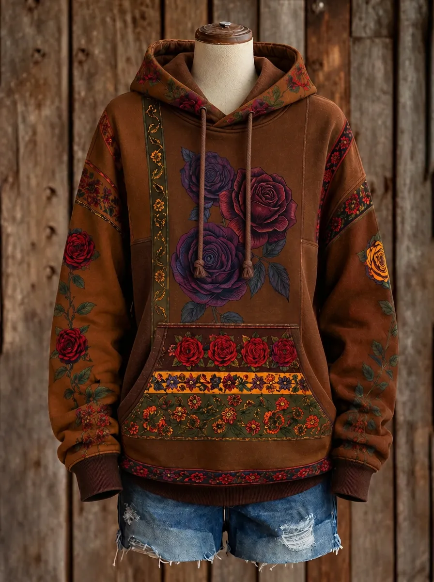 Women's Western Boho Rose Floral Patchwork Printed Hoodie