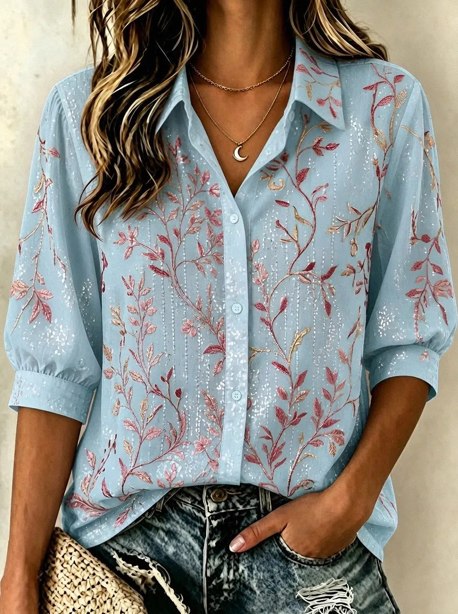 Women's Breast Cancer Awareness Pink Floral Vine Printed Button-Down Shirt