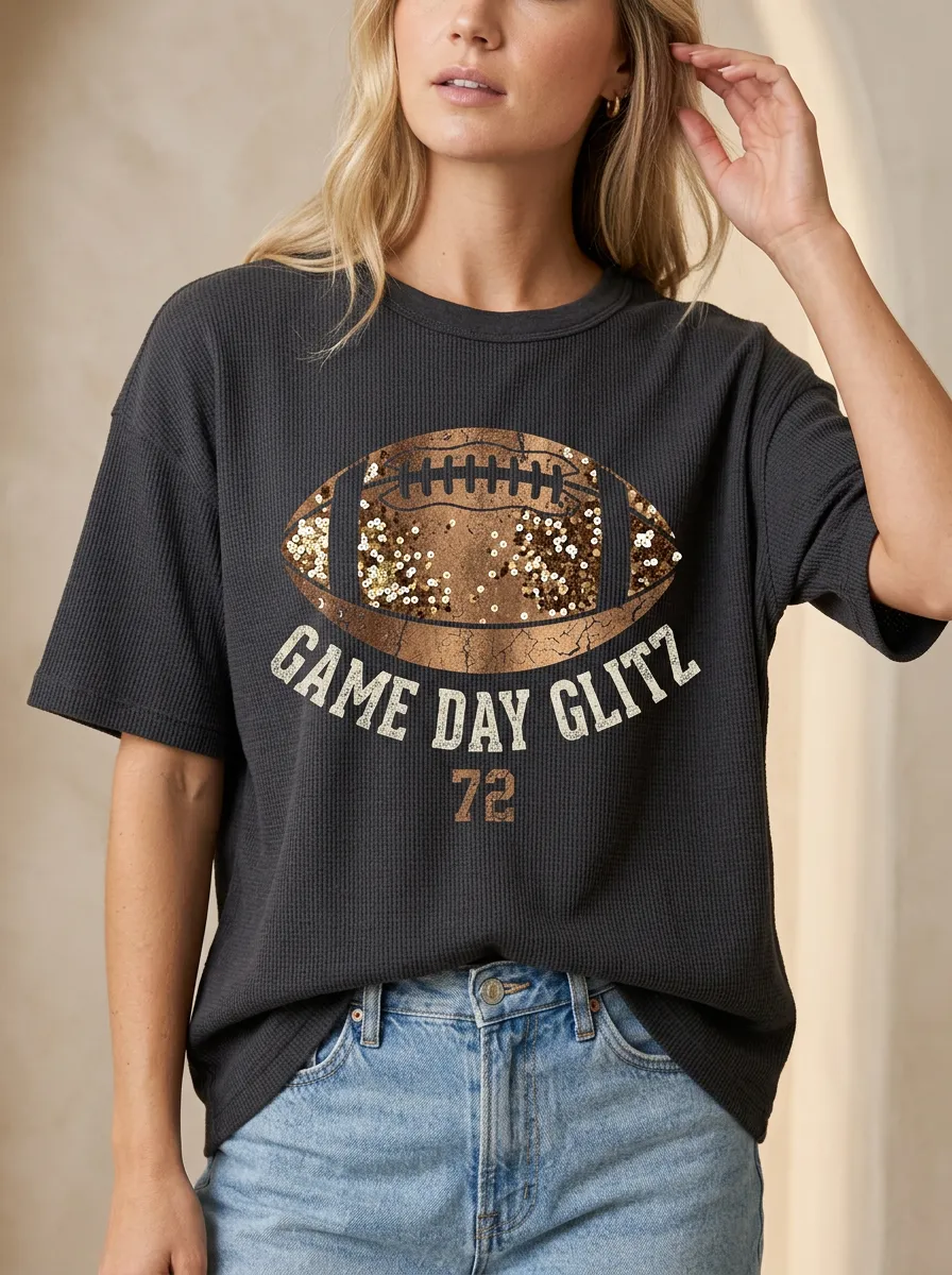 Women's Football Fan Game Day Glitz Sequin Rugby Printed T-shirt