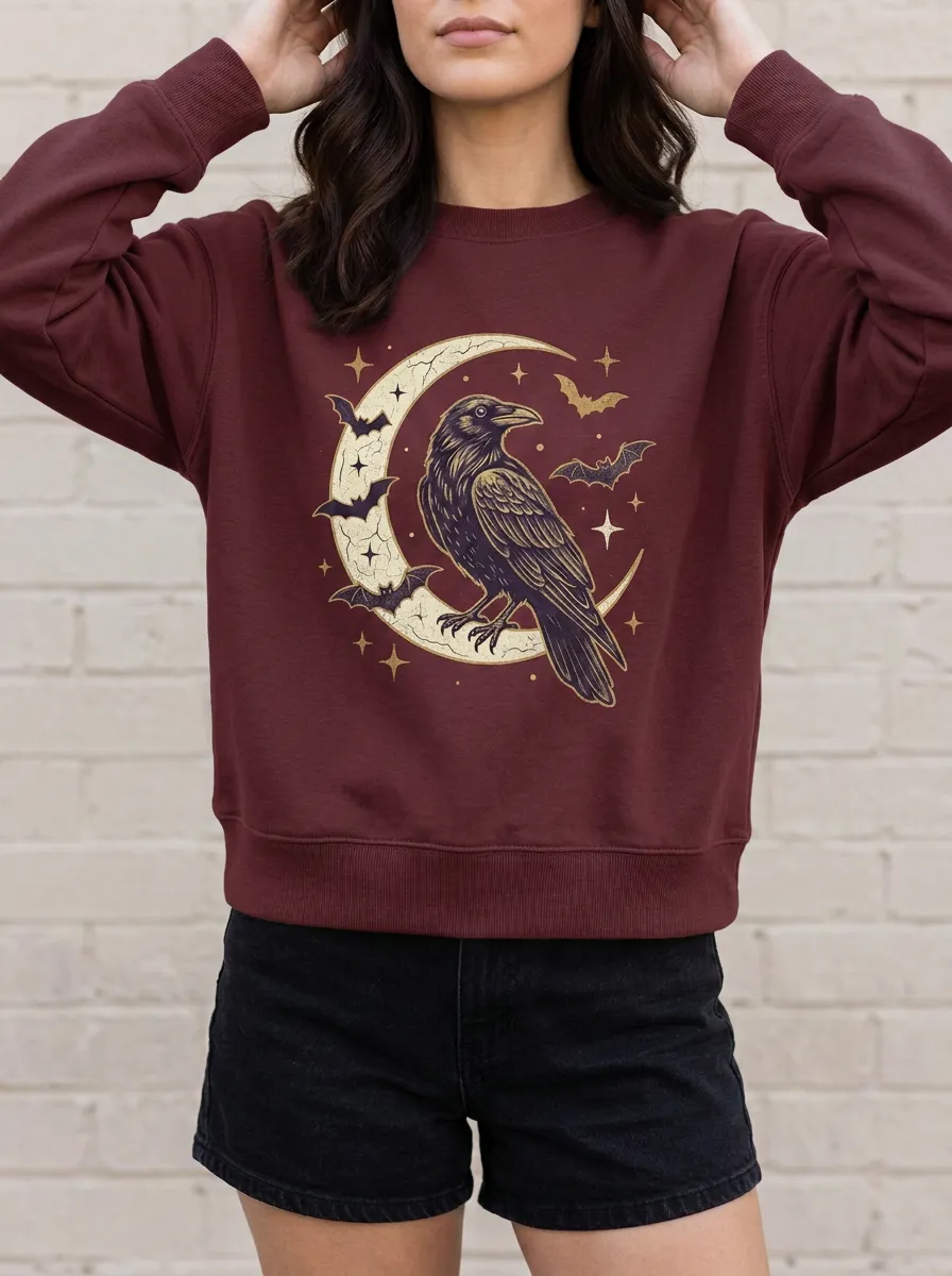 Women's Halloween Gothic Raven Moon Bats Printed Sweatshirt