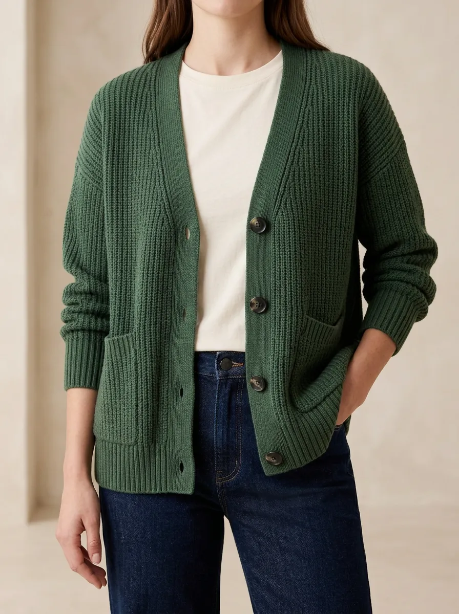 Women's Relaxed Ribbed Knit Button Front V Neck Cardigan