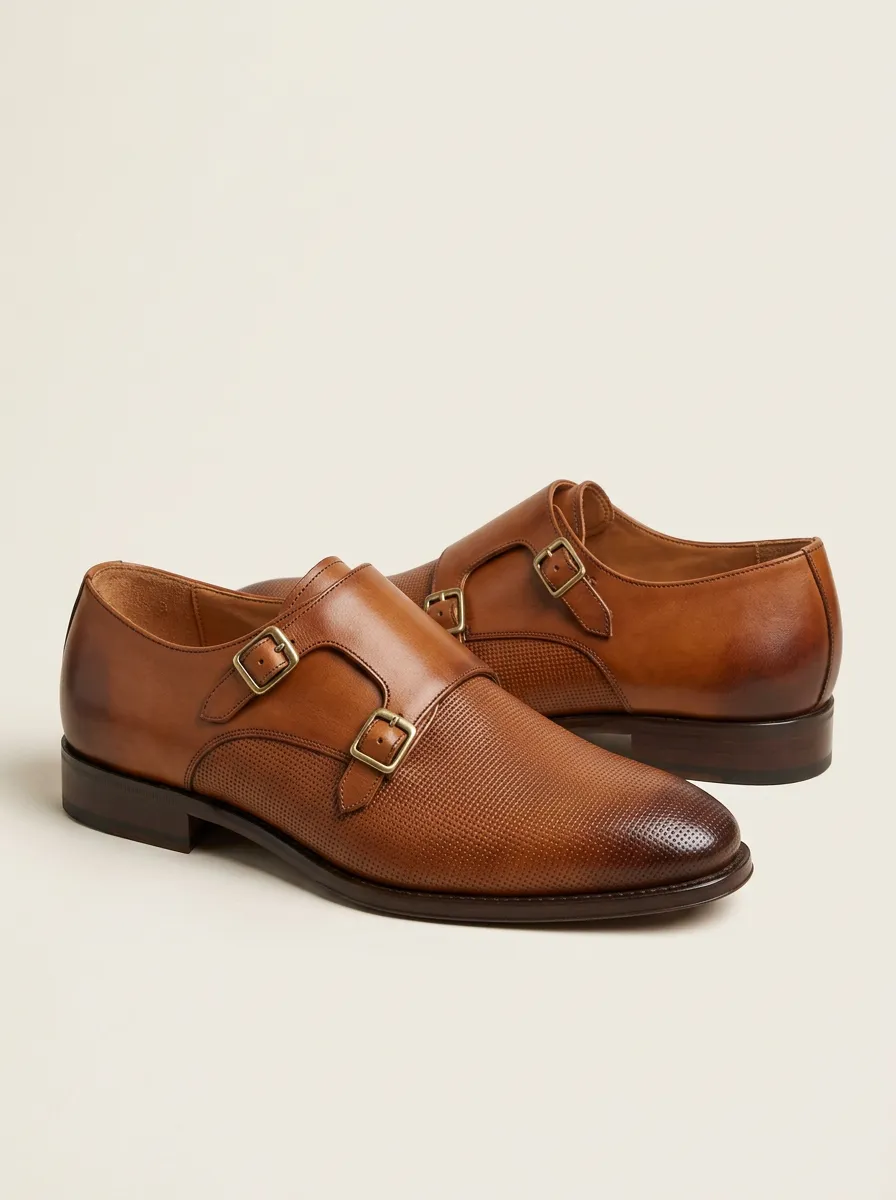 Men's Distinctive Business Formal Perforated Leather Double Monk Strap Shoes