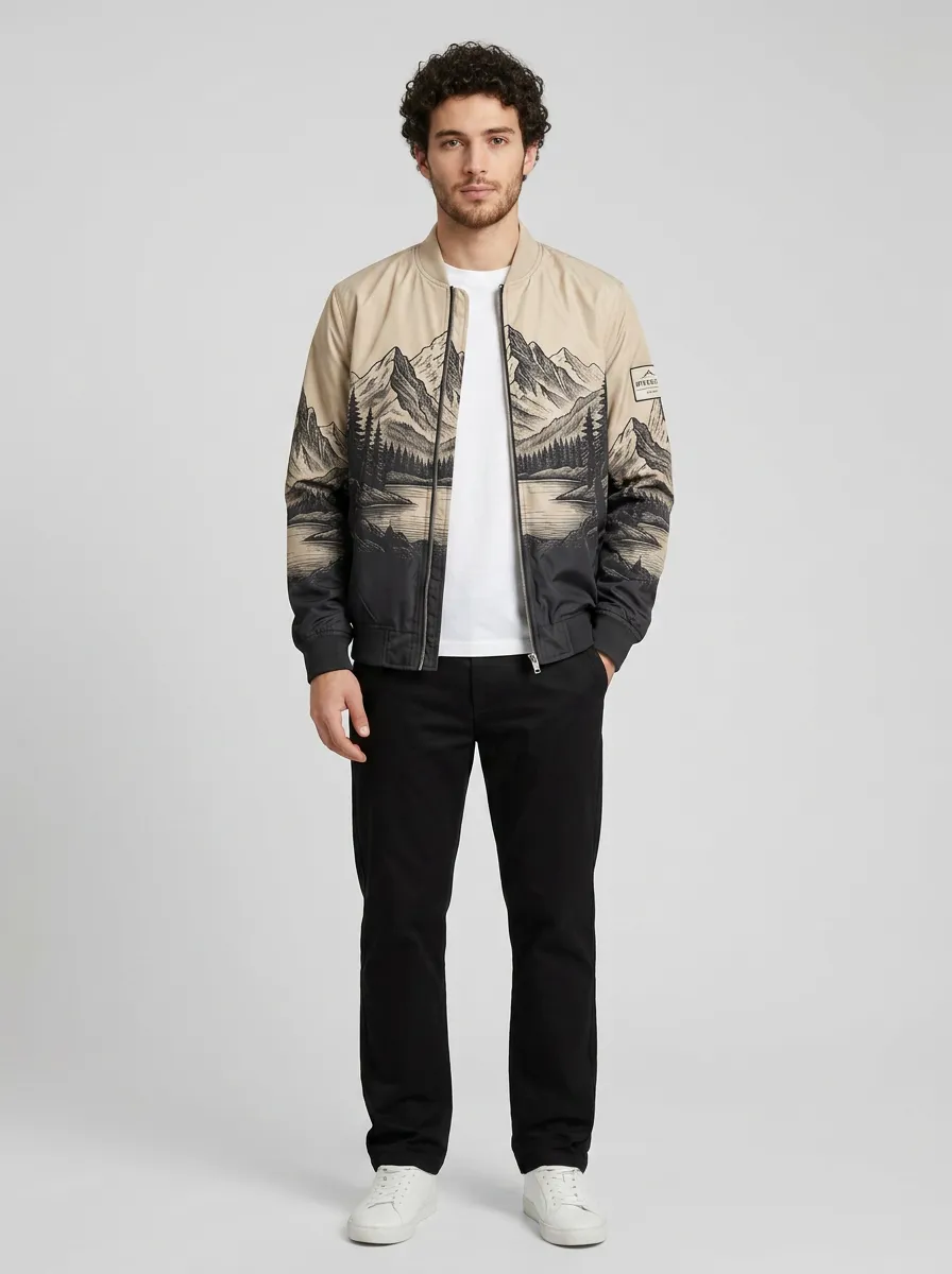 Men's Gradient Landscape Print Bomber Jacket