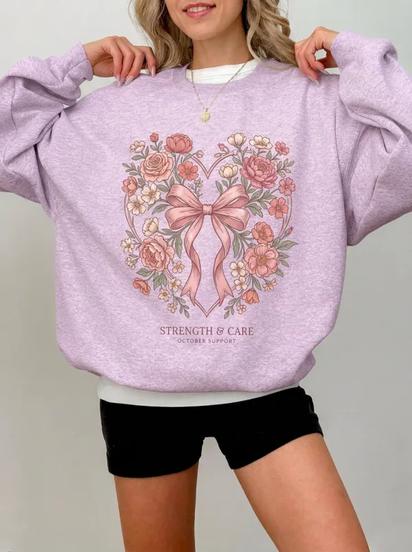 Women's Breast Cancer Awareness Floral Heart Bow Printed Sweatshirt