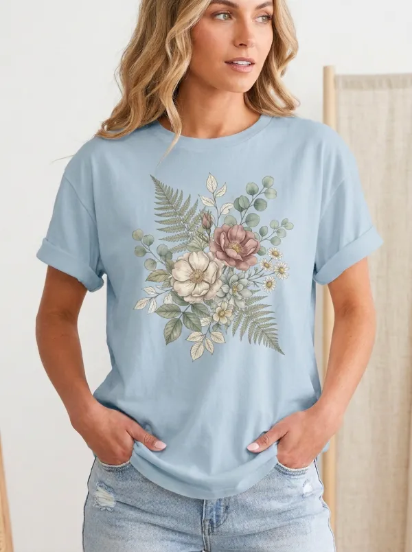 Women's Botanical Nature Lover Floral Fern Printed T-shirt