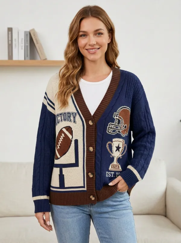 Women's Energetic Helmet Football Trophy Knitted Cardigan